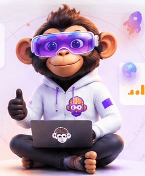 MonkeyMind AI growth mascot working on a laptop